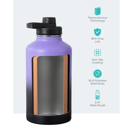 Buzio Trio Series Water Bottle with 3 Lids and Sleev 1.9L - Purple Black
